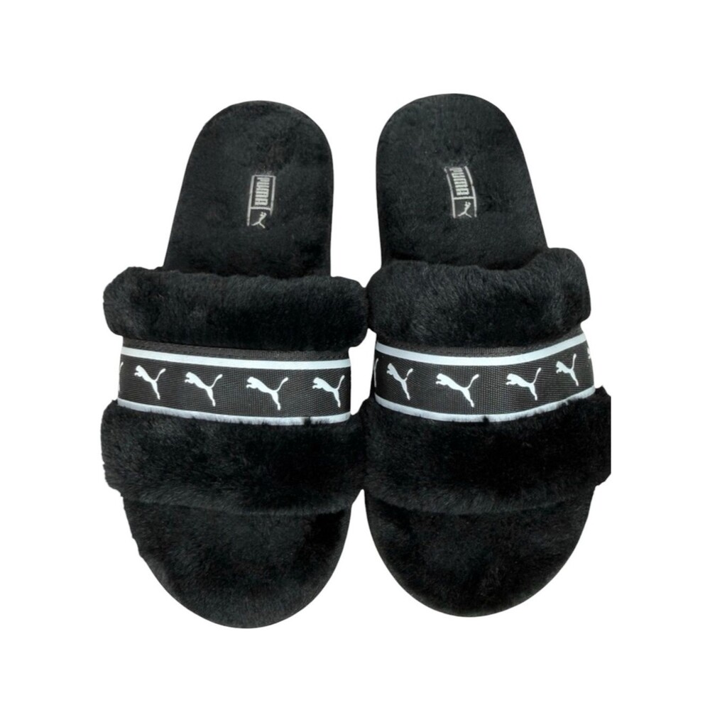 Puma Fluff Remix Faux Fur Slides Black Size 5 Cozy Cabincore Lounge